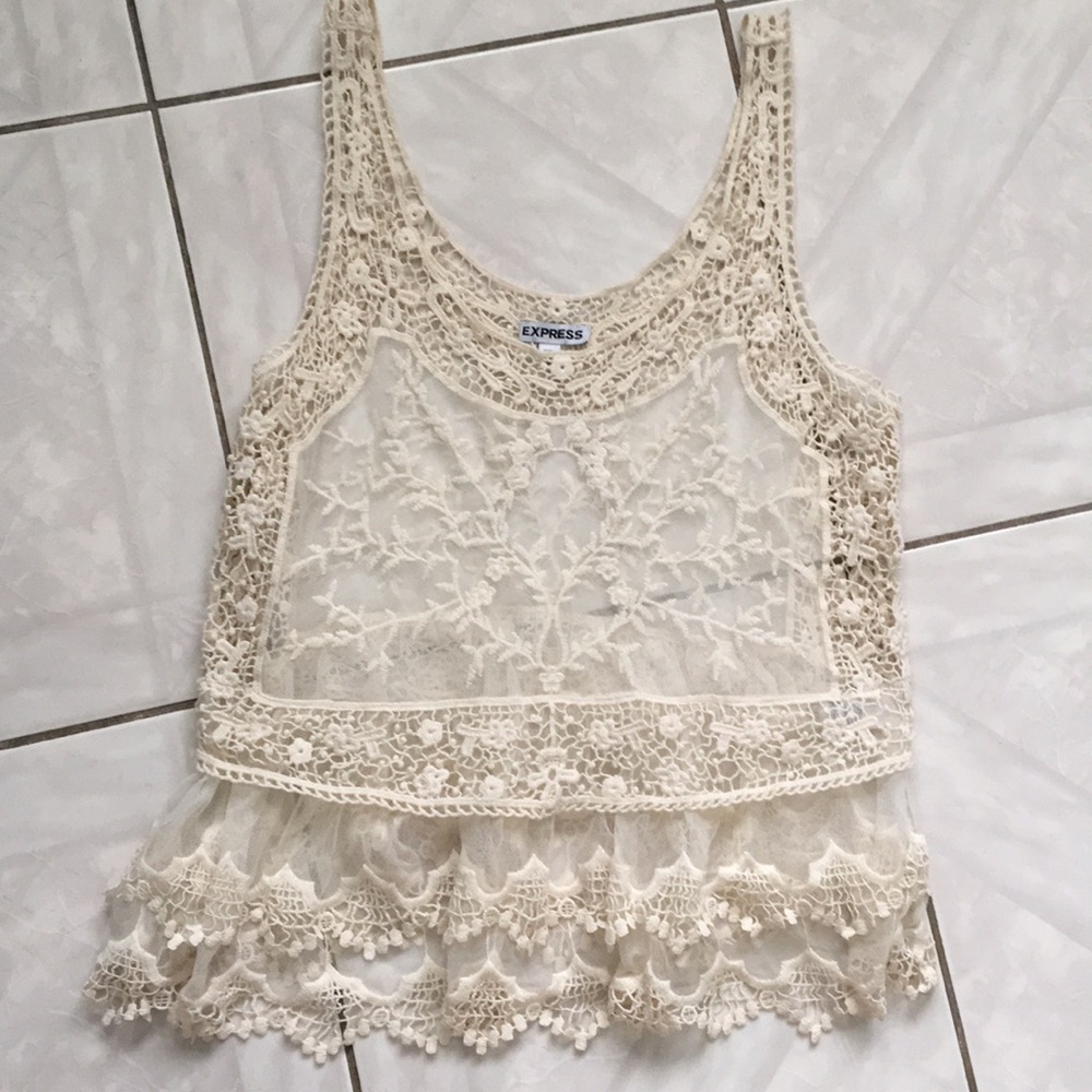 Express Cream Mesh/Lace Crochet Tank